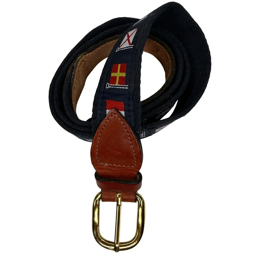 J. Press Belt Mens 40 Navy Blue Nautical Signal Flag Canvas Leather Preppy Ivy
